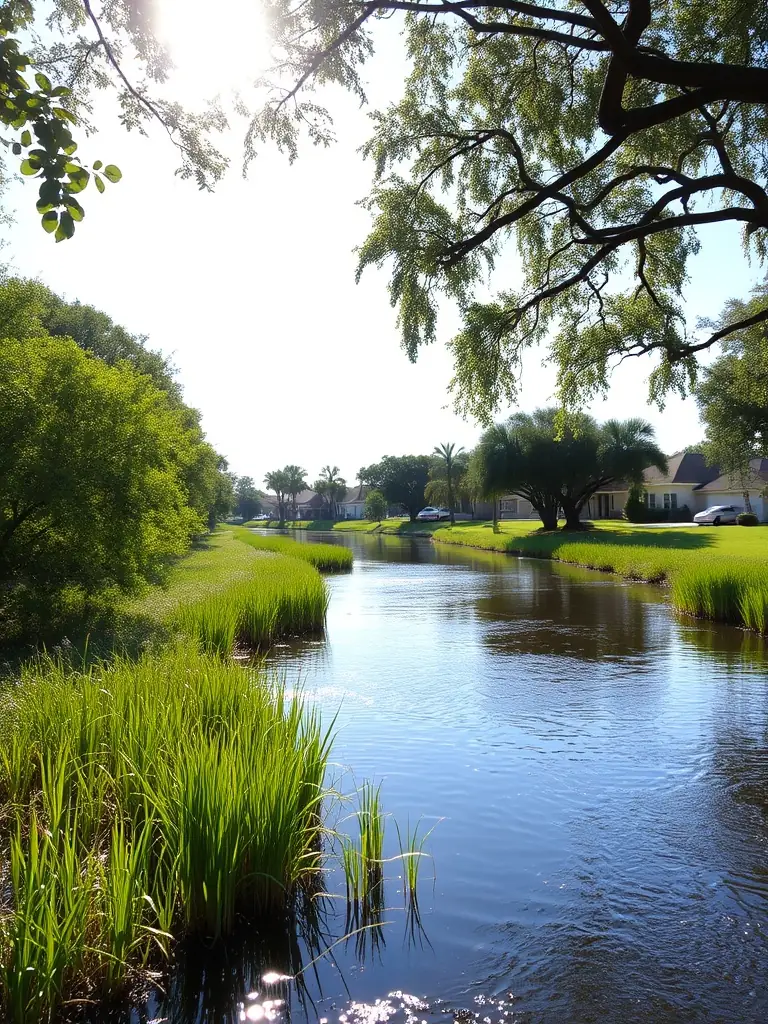 A scenic photograph of the Alafia River flowing through Riverview, Florida, with lush greenery and residential homes along the banks. The image should evoke a sense of tranquility and natural beauty.