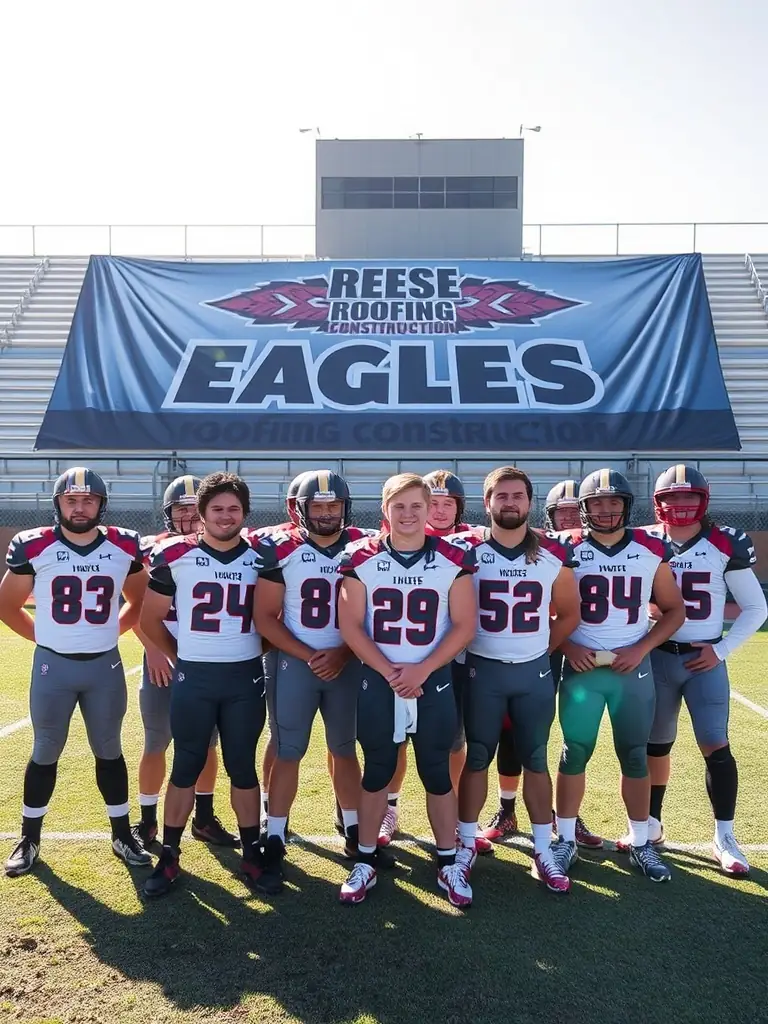 An image of the Brandon High School Eagles football team with the Reese Roofing & Construction logo prominently displayed, showcasing their sponsorship.