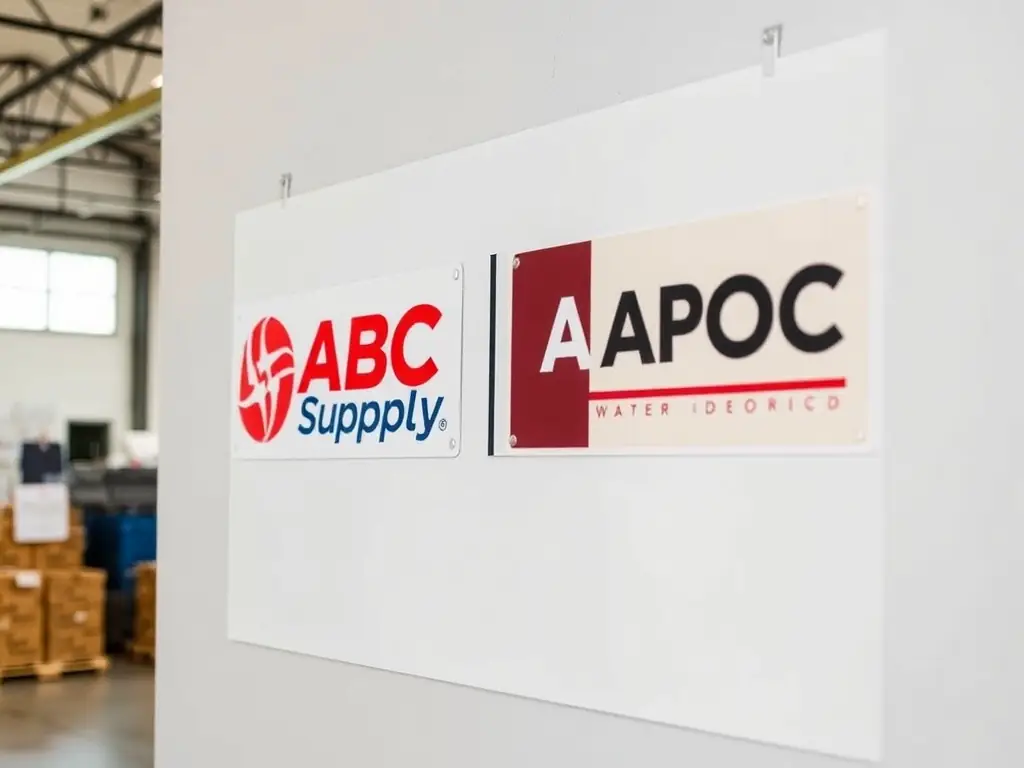 A photo featuring the ABC Supply and APOC logos, representing Reese Roofing & Construction's certifications and expertise in flat roofing systems and waterproofing solutions.