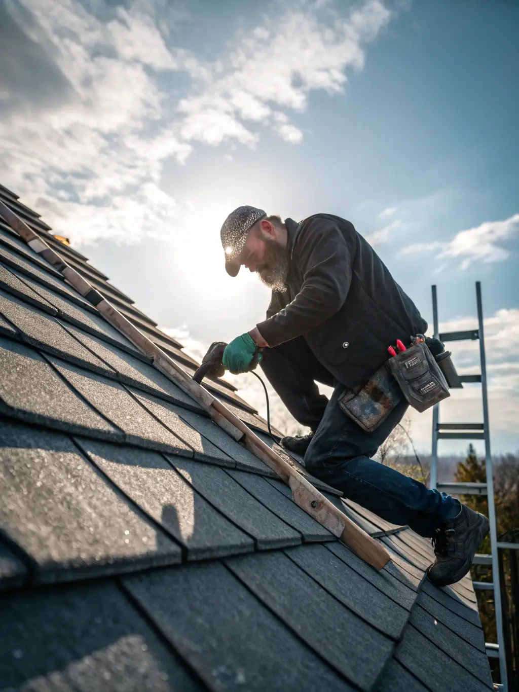 A high-angle shot of a residential roof being expertly repaired by a Reese Roofing technician, showcasing attention to detail and quality workmanship.