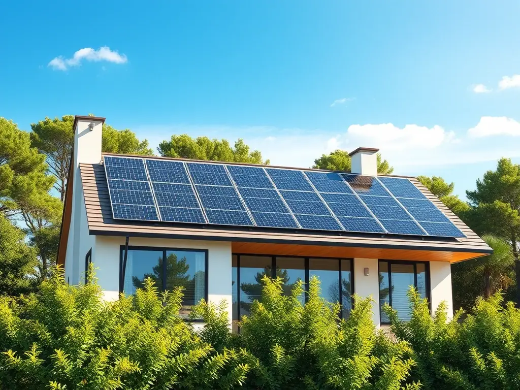 A modern home with newly installed solar panels on the roof, seamlessly integrated with the existing roofing system. The image should convey sustainability and energy savings.
