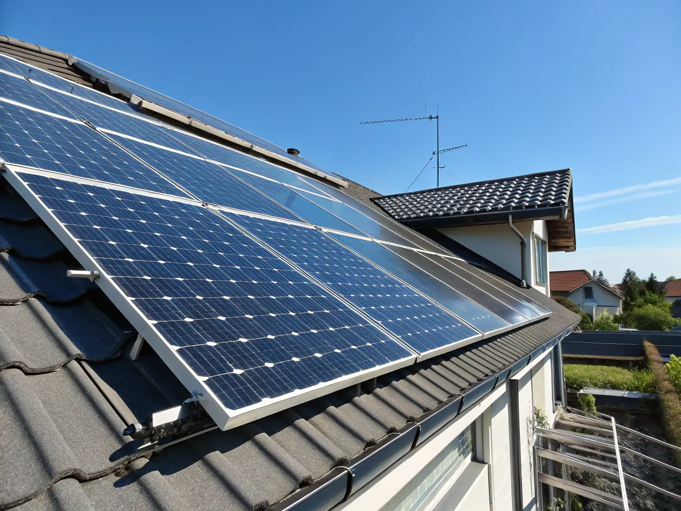 A close-up shot of a solar panel installation on a residential roof, showcasing the seamless integration and energy-saving benefits offered by Reese Roofing & Construction. The image should highlight the company's Enphase certification.