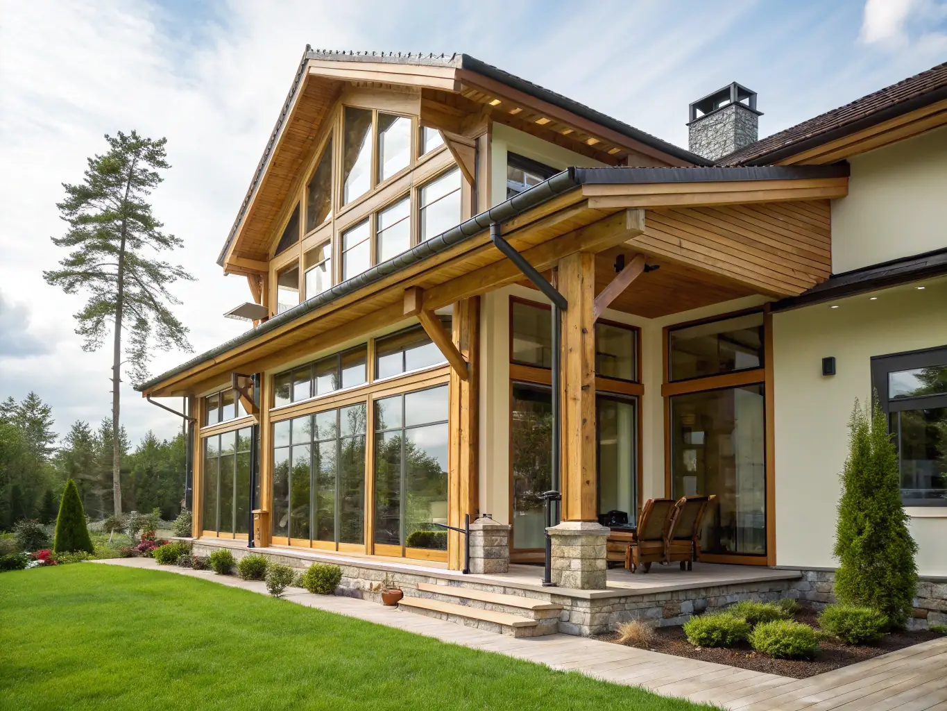 An exterior shot of a home with newly installed impact windows and doors, emphasizing the enhanced security and energy efficiency provided by Reese Roofing & Construction. The image should convey a sense of safety and modern design.